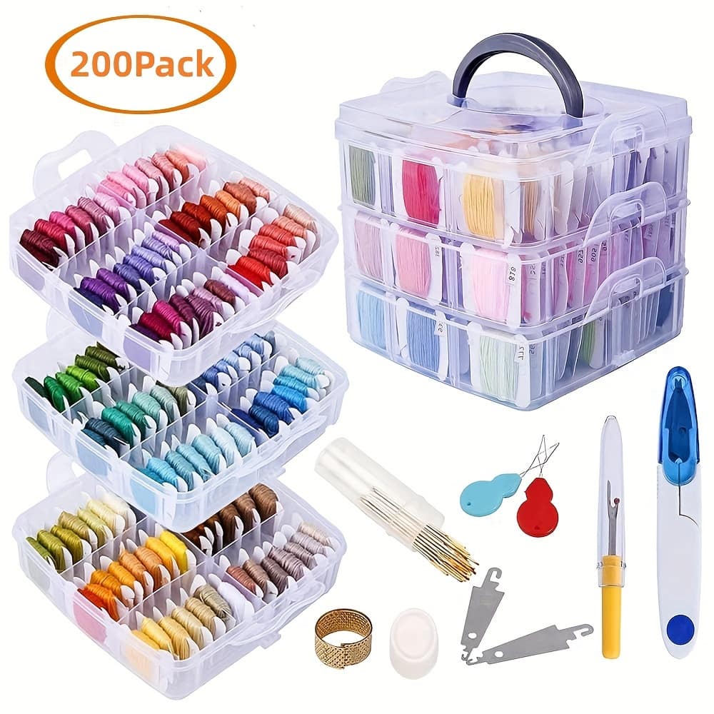 150-color Embroidery Floss Kit, 100% Fabric , With 3-tier Clear Organizer Box & Stitch Accessories For Diy Crafts And Art Projects, Transparent Storage Box, Art Supplies Arts, Crafts & Sewing Shop Online at Dubai Trades 2
