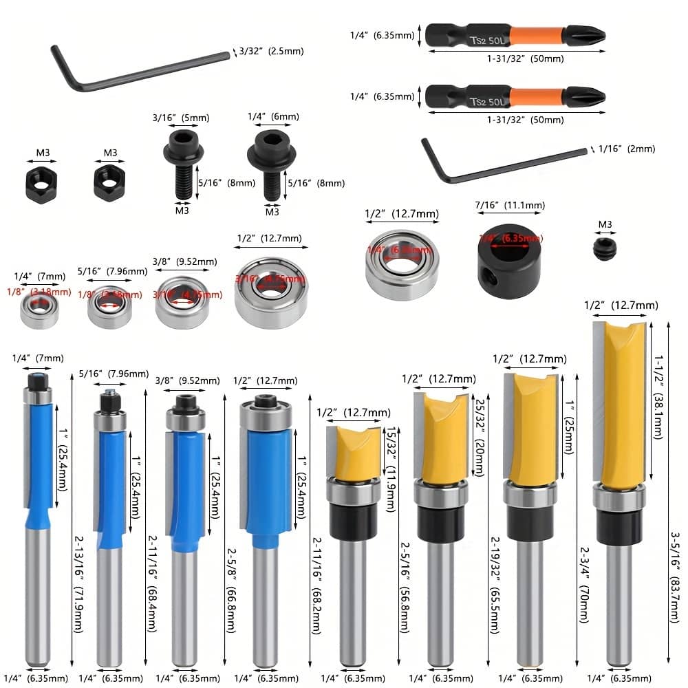 16pcs 1/4 Shank Router Bit With Bearing Set Pattern Flush Trim Router Bit Milling Cutter For Wood Woodworking End Mill End Mills Shop Online at Dubai Trades 2