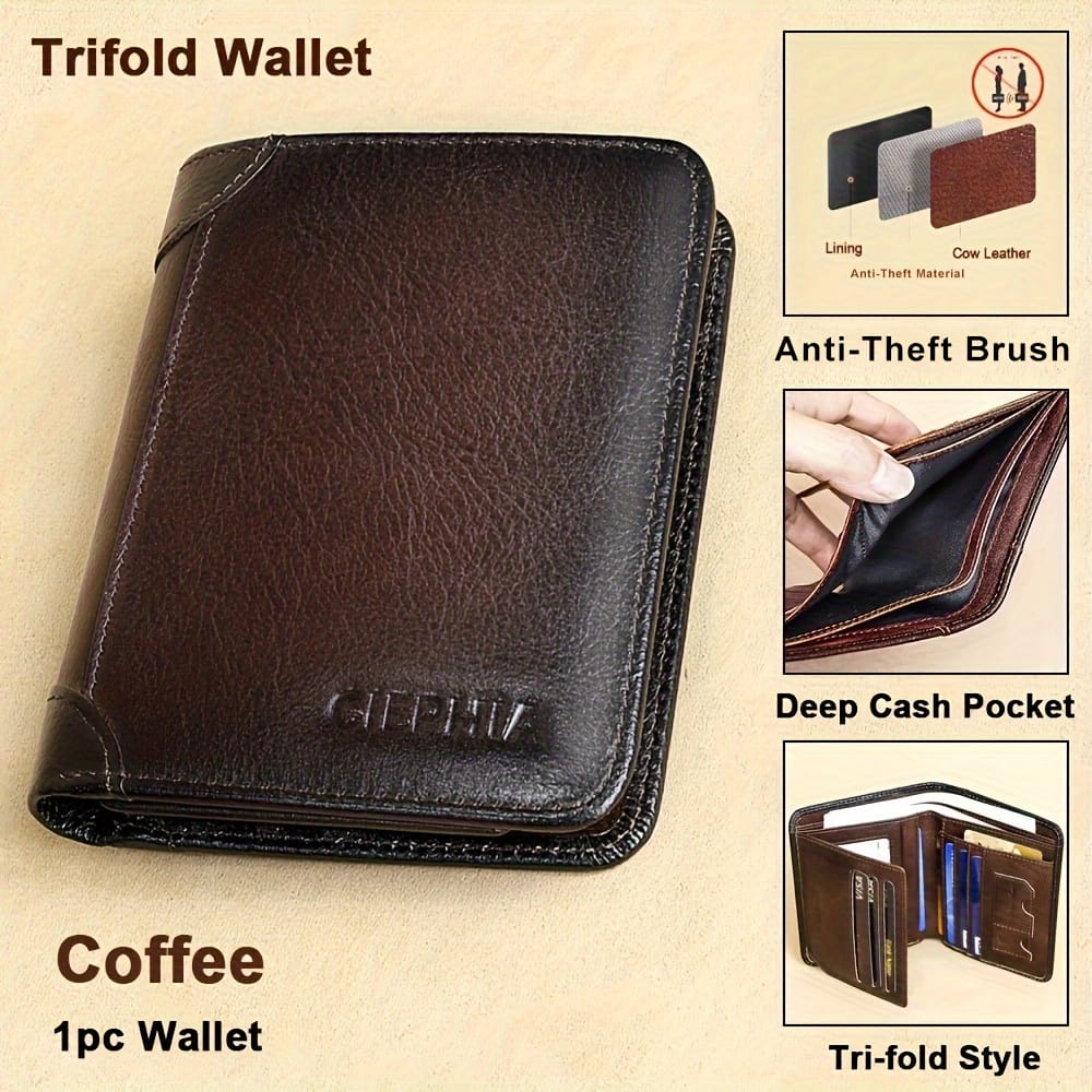 1pc Ciephia Vintage Genuine Leather Rfid Blocking Wallet For Men – Slim, Multi-functional Id & Credit Card Holder, Deep Brown With Embossed Logo, Ideal Gift For Valentine’s Day Accessories Shop Online at Dubai Trades 2