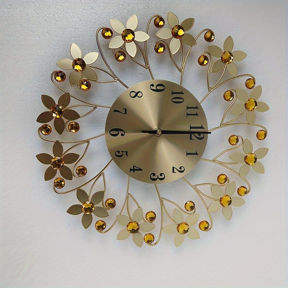 1pc Modern Silent Wall Clock, 14.17-inch Metallic Clock For Living Room & Bedroom, Easy To Read, Metal Material, Round With Crystals – Home Decor Accessory Clocks Shop Online at Dubai Trades 2