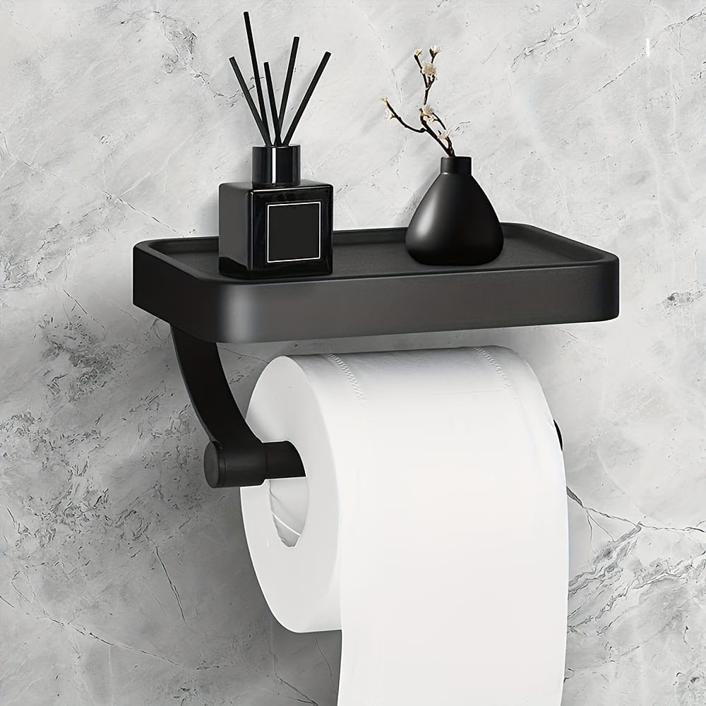 1pc Rustproof And Stainless Steel Toilet Paper Holder With Phone Shelf – Wall Mounted Self Adhesive Tissue Roll Holder For Bathroom And Washroom – Black Tissue Rack Bathroom Storage & Organization Shop Online at Dubai Trades 2