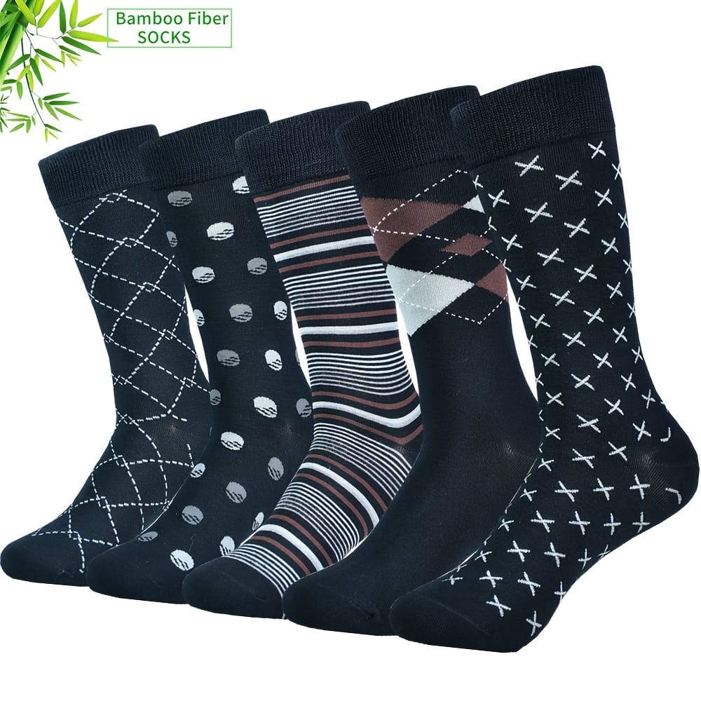 5pcs Flgyth Men’s Bamboo Fiber Dress Socks – , Geometric & Striped Patterns, Breathable Knit, Machine Washable In Assorted Colors, Cute Socks Clothing Shop Online at Dubai Trades 2