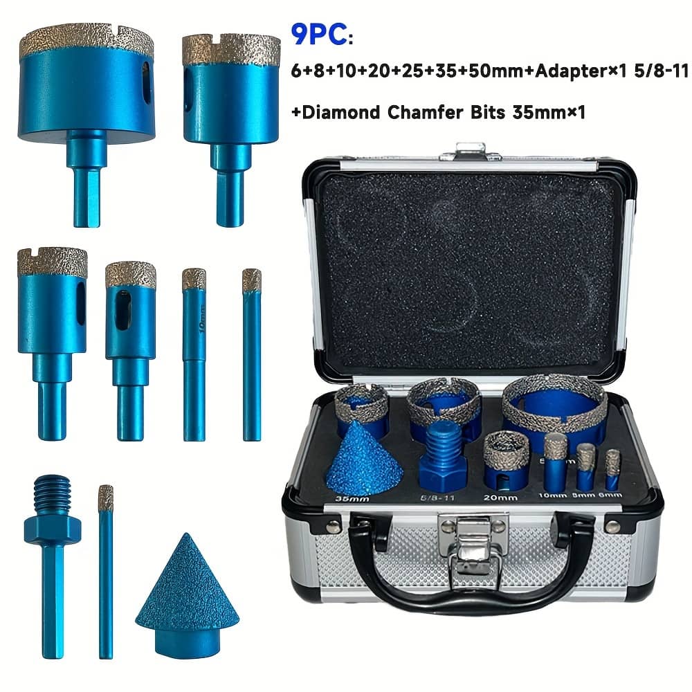 6+8+10+20+25+35+50+35mm Chamfering Tool×1+5/8-11 To Hex Shank 72mm×1, 9pcs Set Of Brazed Dry Drilling Bits For Ceramic Tiles, Granite, And Marble, Compatible With Electric Drills. Burs Shop Online at Dubai Trades 2