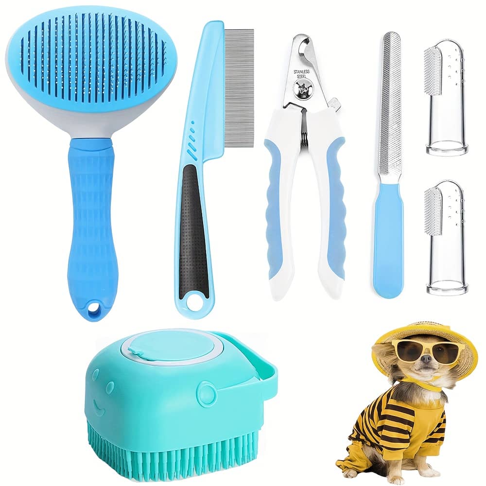 7 Pack Pet Grooming Set, Hair Removal Comb For Dog, Flea Comb, Dog Shampoo Brush, Pet Nail Clippers, Dog Toothbrush Set Brushes Shop Online at Dubai Trades 2