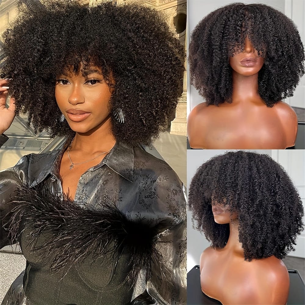 Afro Wig With Bangs Full Machine Made Scalp Top Wig 180 Density Short Curly Human Hair Wigs Beauty & Personal Care Shop Online at Dubai Trades 2