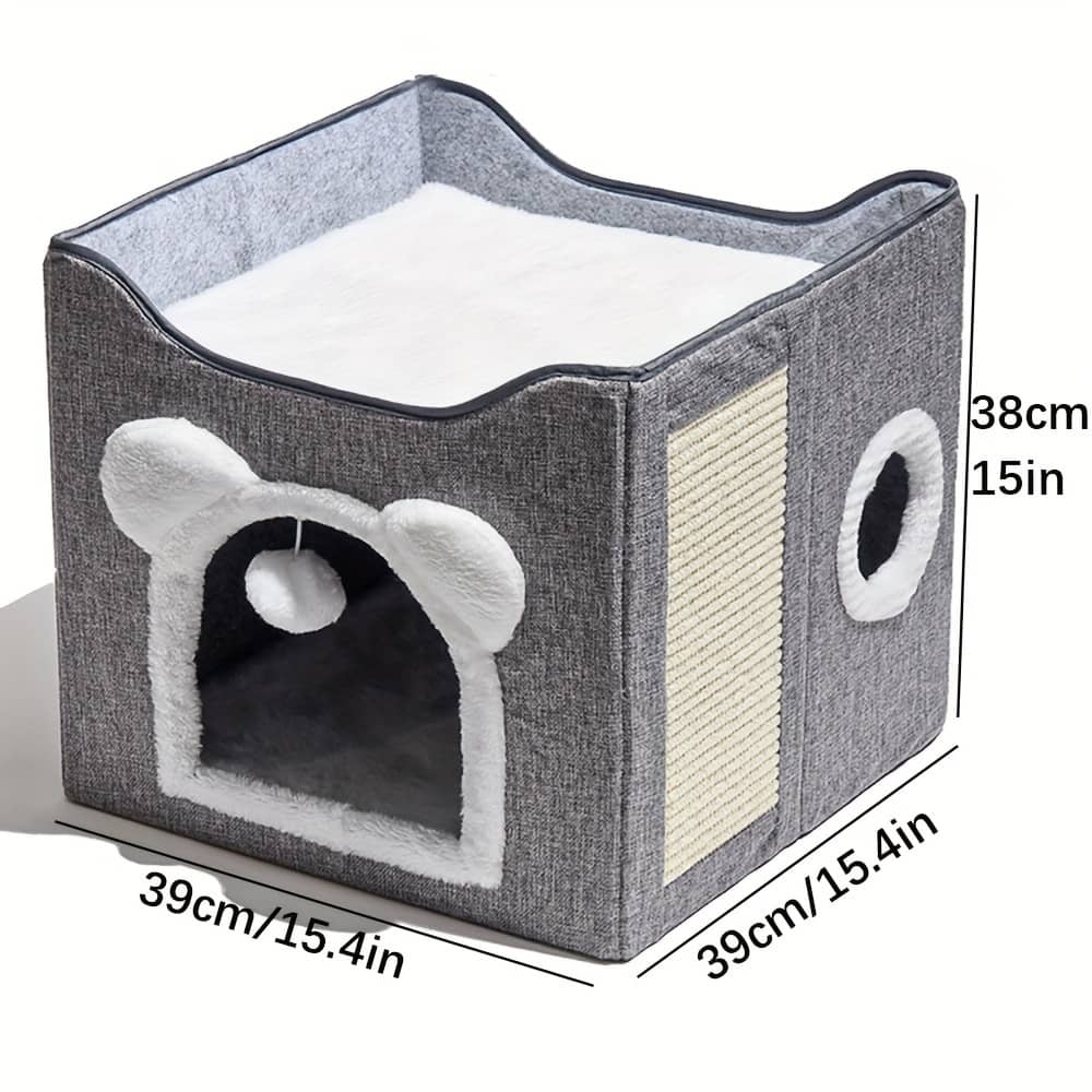 Luxury Double-layer Cat Bed – Enclosed Nest With Sisal Scratching Board & Non-slip Bottom, Foldable Kitty Sofa For Indoor Cats And Small Dogs, Grey, Cat House, , Universal Beds & Furniture Shop Online at Dubai Trades 2