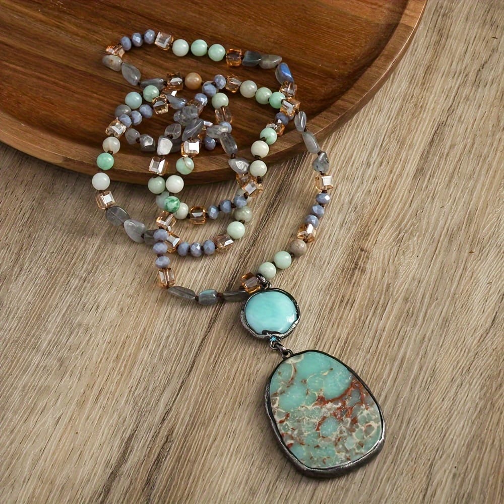 Spring New Bohemian Vintage Stone Crystal Glass Knot Necklace Glass Connected Square Pendant Women’s Sweater Chain Necklace Clothing, Shoes & Jewelry Shop Online at Dubai Trades 2