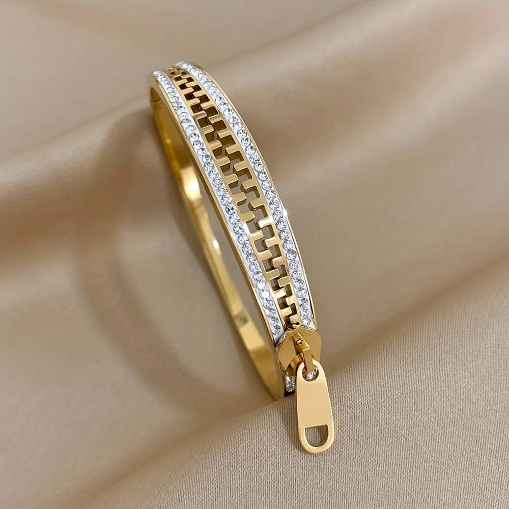 Stainless Steel Cuff Bracelet, Rhinestone Mosaic, Fashion Statement Zipper Bangles, Creative Shiny Jewelry Accessory Bangle Shop Online at Dubai Trades 2