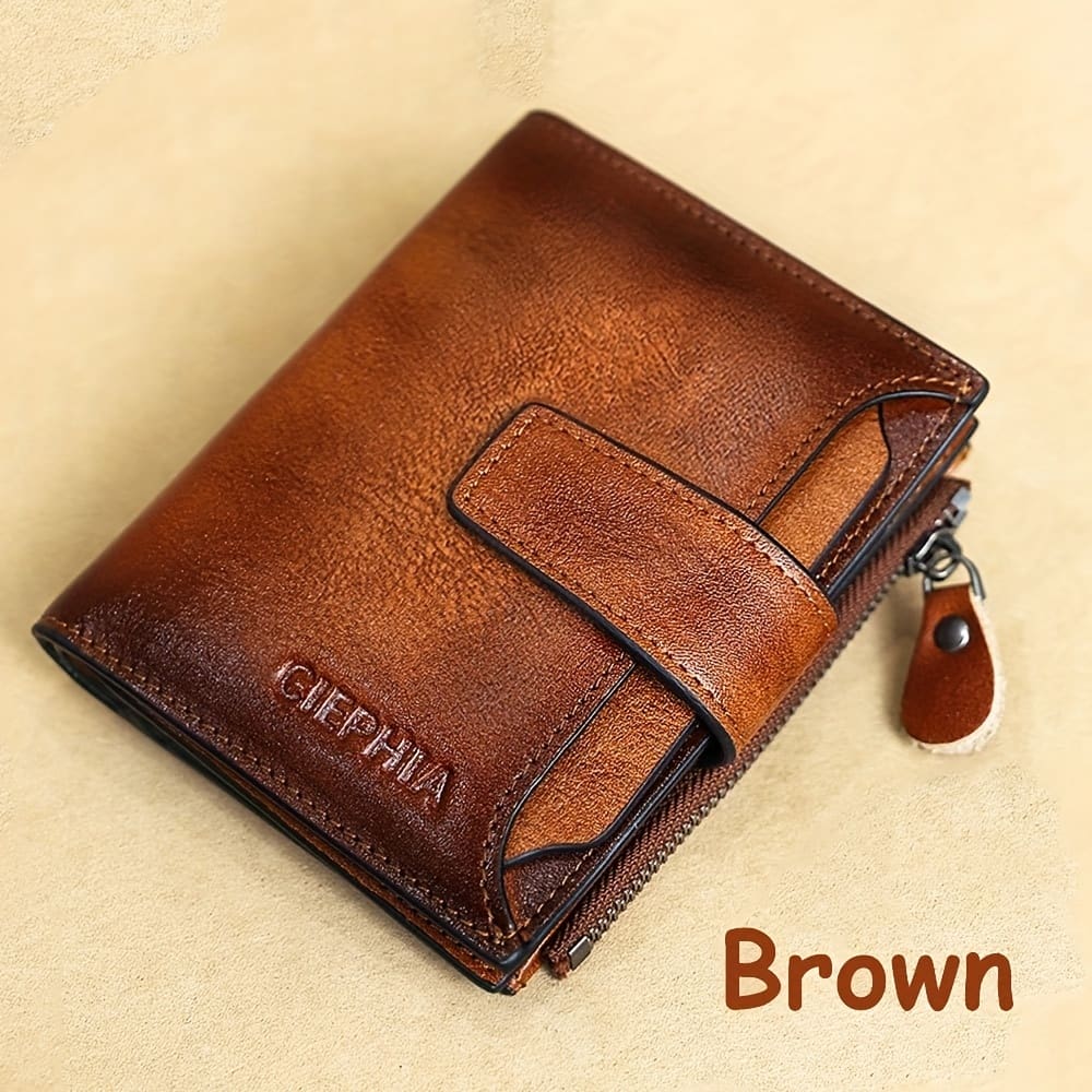 1pc Men’s Genuine Leather Wallet, Vintage Short Multi Function Id Card Holder, Rfid Blocking Billfold Coin Pocket With Zipper, Valentine’s Day Gift For Men Accessories Shop Online at Dubai Trades 2