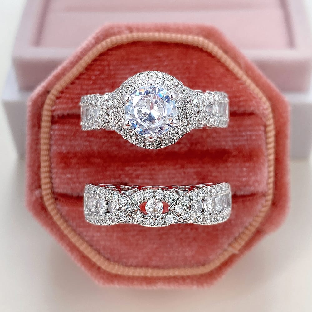 2pcs Set Luxury Elegant Wedding Ring, Micro Pave Synthetic Zirconia (cubic Zirconia) 6-prong Halo Setting, Copper, For April Birthstone, Valentine’s Day, Party, All Season Bridal Sets Shop Online at Dubai Trades 2