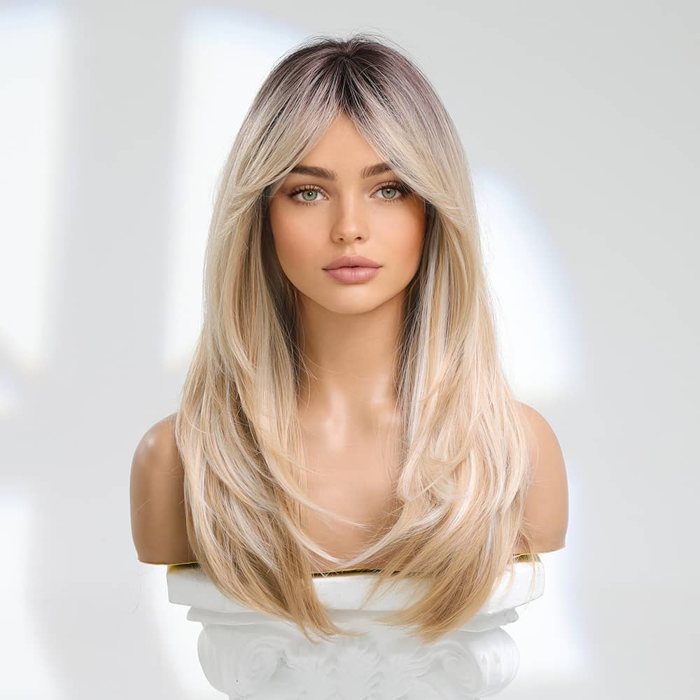 Elegant 24-inch Women’s Ombre Wig With Curtain Bangs – Long Curly Wave Style, Heat Resistant Synthetic Hair, Cap For & Parties, Wig Accessories Beauty & Personal Care Shop Online at Dubai Trades 2