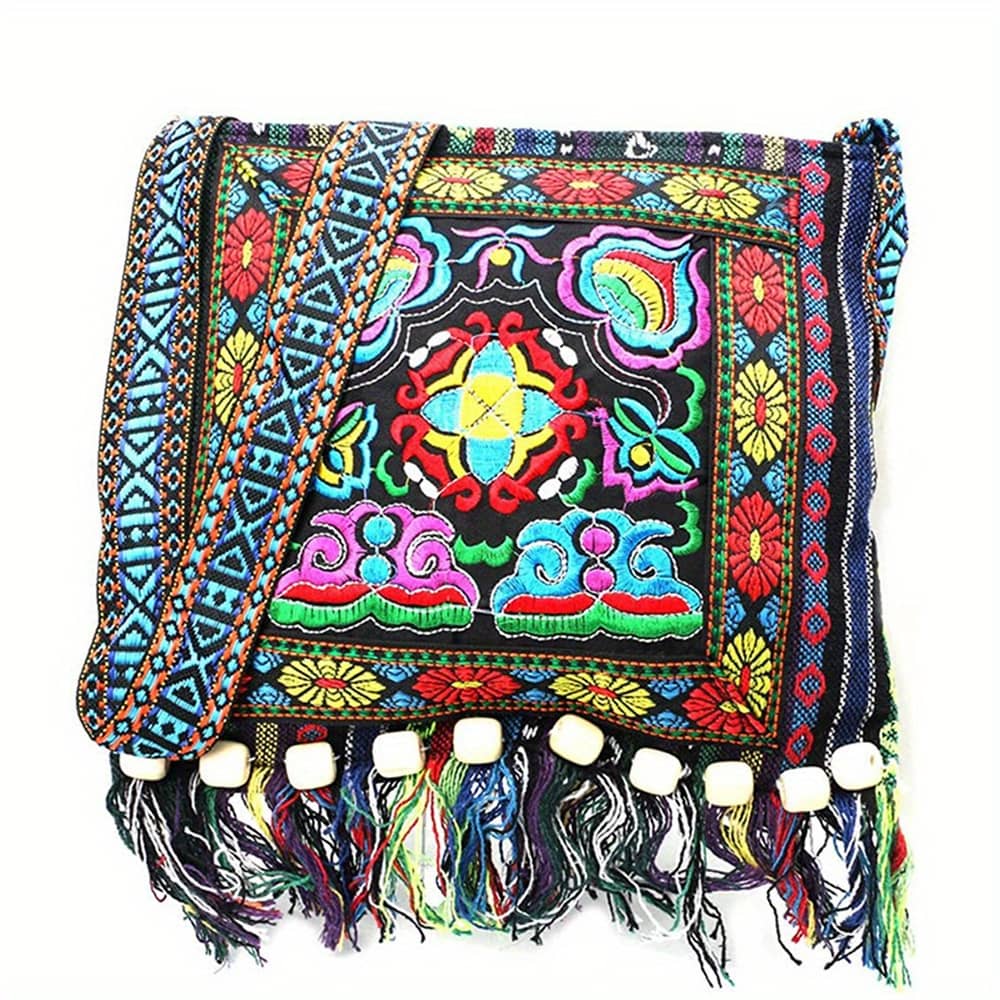 Vintage Ethnic Embroidered Tassel Crossbody Bag – Hippie Style, Foldable With Zip Closure, Polyester Lined, Red/multicolor/blue Striped Pattern, Cute Crossbody Bag Clothing, Shoes & Jewelry Shop Online at Dubai Trades 2