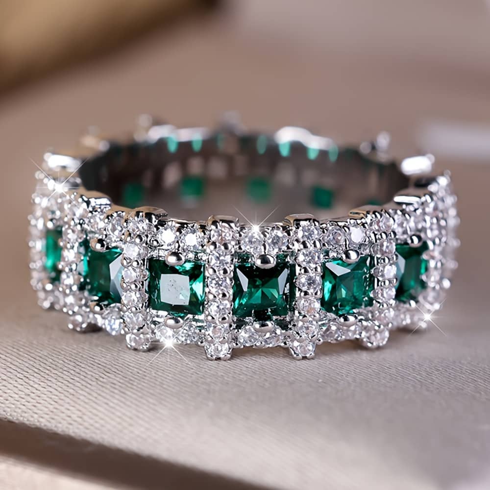 Vintage Boho Style Band Ring With Green Zirconia Stones, No Plating, Copper Main Material – Ideal For Wedding, Engagement, Banquet Events, Fashion Statement Jewelry Clothing, Shoes & Jewelry Shop Online at Dubai Trades 2