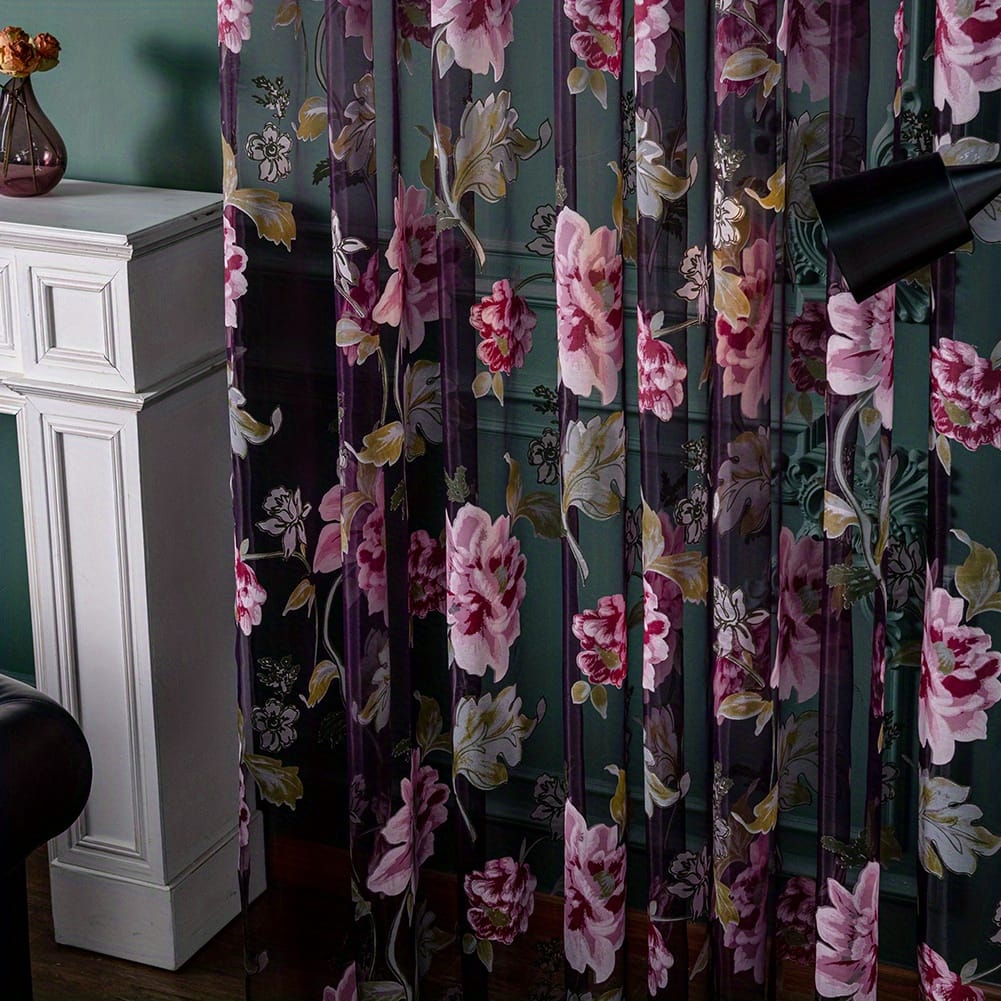 1pc Purple Style Flower Printed Window Sheer Curtain Small Fresh Translucent Curtain Suitable For Living Room, Bedroom, Kitchen, Bathroom, Home Decor, Room Decor Curtains & Drapes Shop Online at Dubai Trades 2