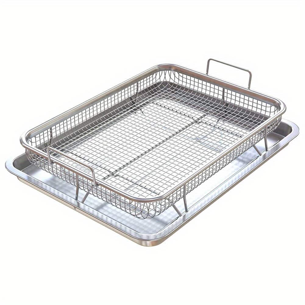 2pcs Stainless Steel Oblong Roasting Pans – Air Fryer Basket Set, Deluxe Oven Crisper Tray Combo For Grilling & Baking Bakeware Shop Online at Dubai Trades 2