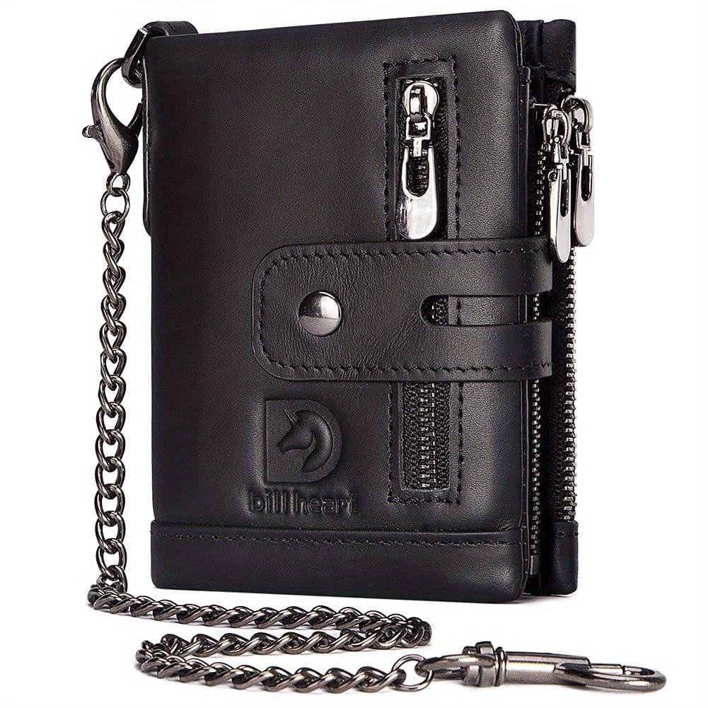 Men’s Wallet With Chain Genuine Leather Short Wallet Rfid Blocking Card Holder Double Zipper Coin Pocket Anti-theft Wallet, Ideal Gift For Men Accessories Shop Online at Dubai Trades 2