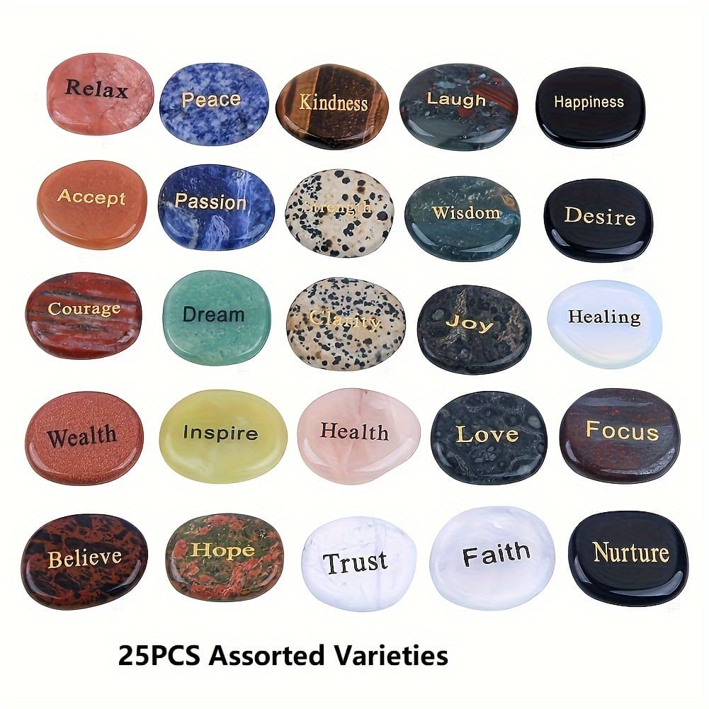 Natural Engraved Inspirational Words Trouble Stone, Natural Mixed Color Stone, (25pcs/set With Different English Words), Ideal Choice For Gifts Clothing, Shoes & Jewelry Shop Online at Dubai Trades 2