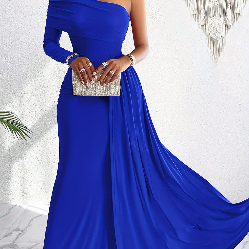 1 Shoulder Asymmetrical Flowy Dress, Elegant Ruched Maxi Dress For Party & Banquet, Women’s Clothing Clothing Shop Online at Dubai Trades 2