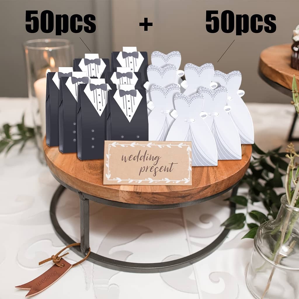 100pcs Wedding Favor Candy Boxes With Ribbon, Paper Bridal Gown And Groom Tuxedo Design, Wedding Party, Birthday, Bridal, Baby Shower Decoration Gift Wrap Storage Shop Online at Dubai Trades 2