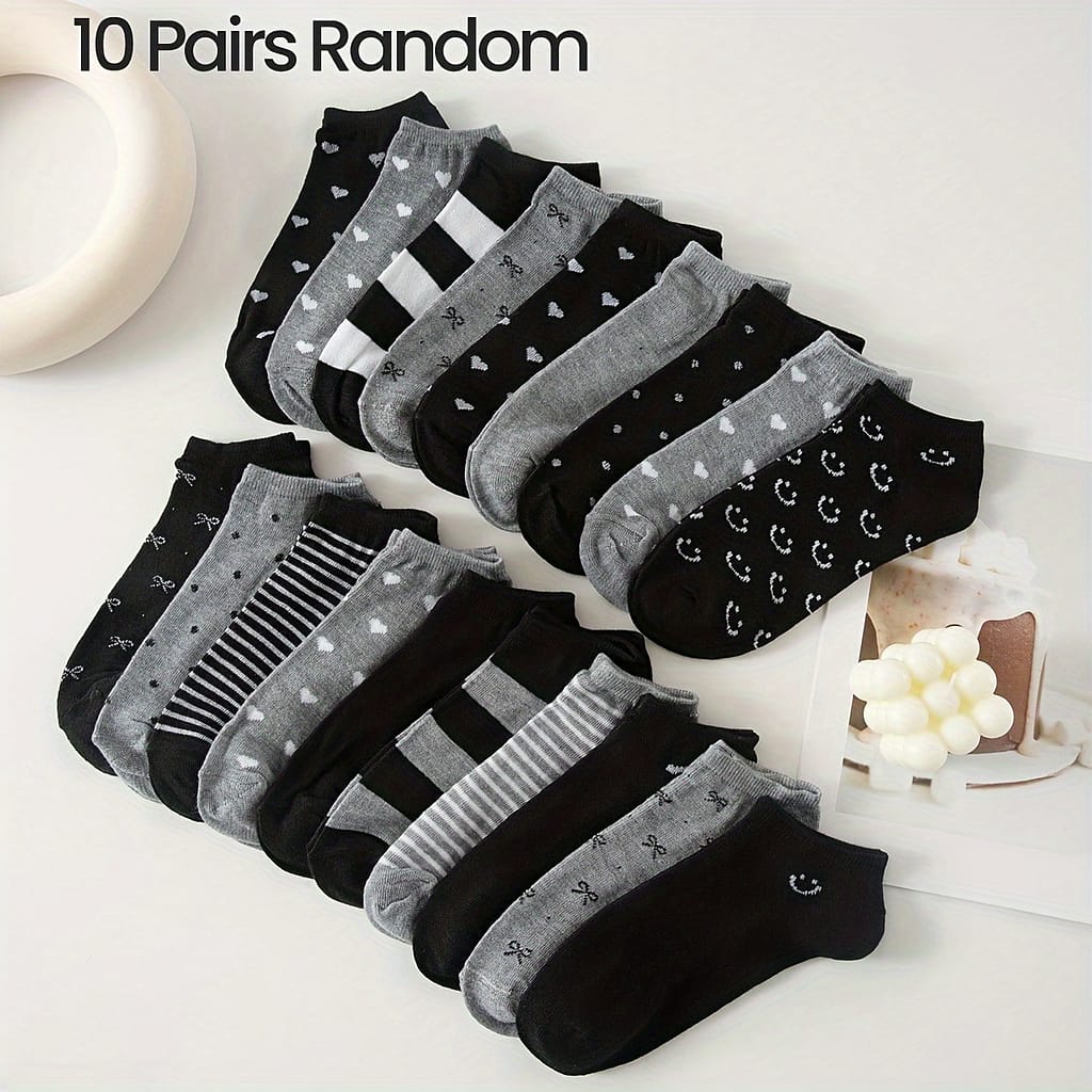 10/20 Pairs Women’s Ankle Socks, Black And Grey, Assorted Geometric Patterns, Comfortable Knit Fabric, Polyester 95%, Spandex 5%, 300g/m², Random Style Shipping Accessories Shop Online at Dubai Trades 2