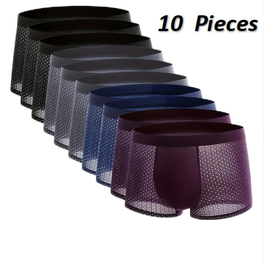 10pcs Men’s Breathable Mesh Boxer Briefs – Comfortable & Stretchy Polyester Blend, Semi-sheer With Elastic Waistband, Assorted Colors, Hand Washable Boxer Briefs Shop Online at Dubai Trades 2