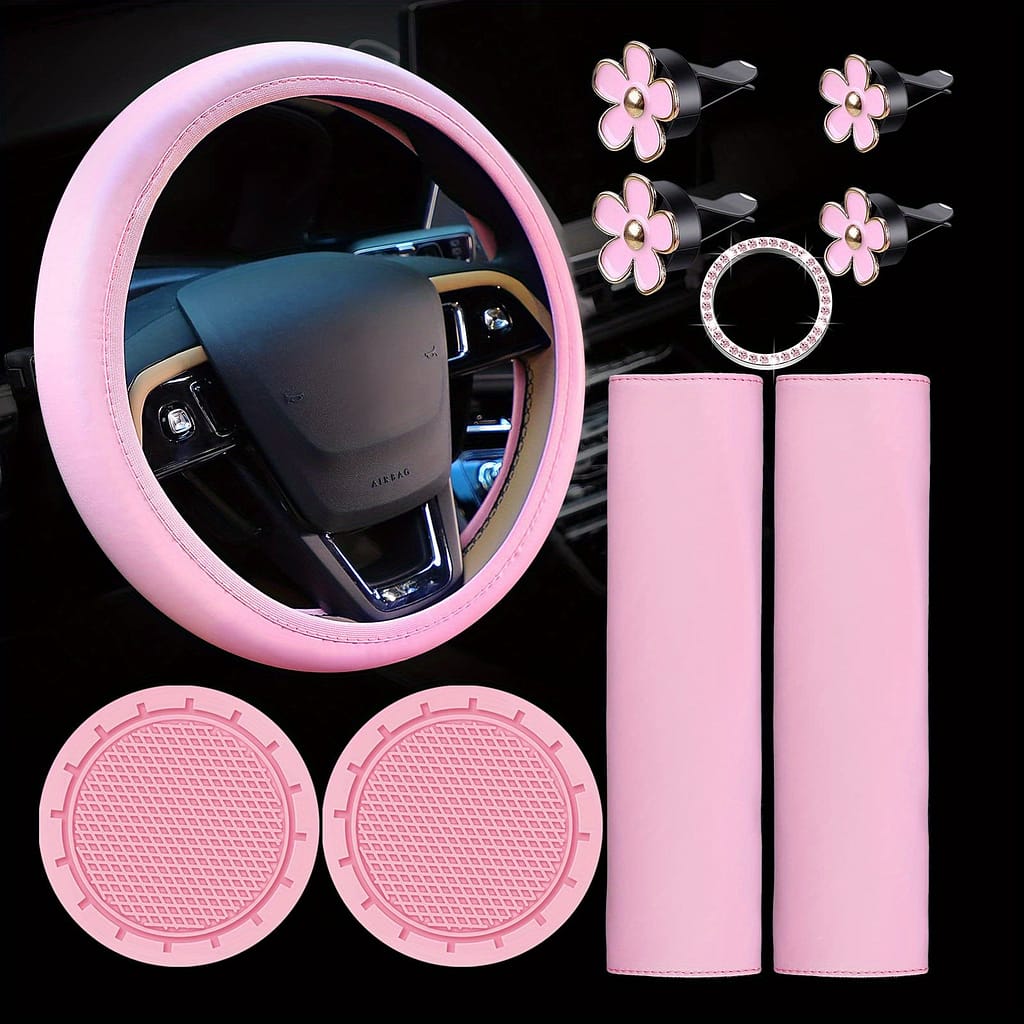 10pcs Pink Leather Steering Wheel Cover For Women Cute Car Accessories Set With Seat Belt Covers Car Coasters Bling Start Button Ring Clip Automotive Shop Online at Dubai Trades 2