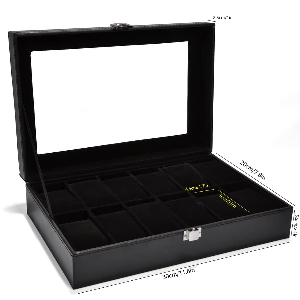 12-slot Watch Box, Black Leather Watch Storage Case, Watch Display Box With Glass Top, Men’s Watch Jewelry Collection Organizer, Holiday Gift. Cabinets & Cases Shop Online at Dubai Trades 2