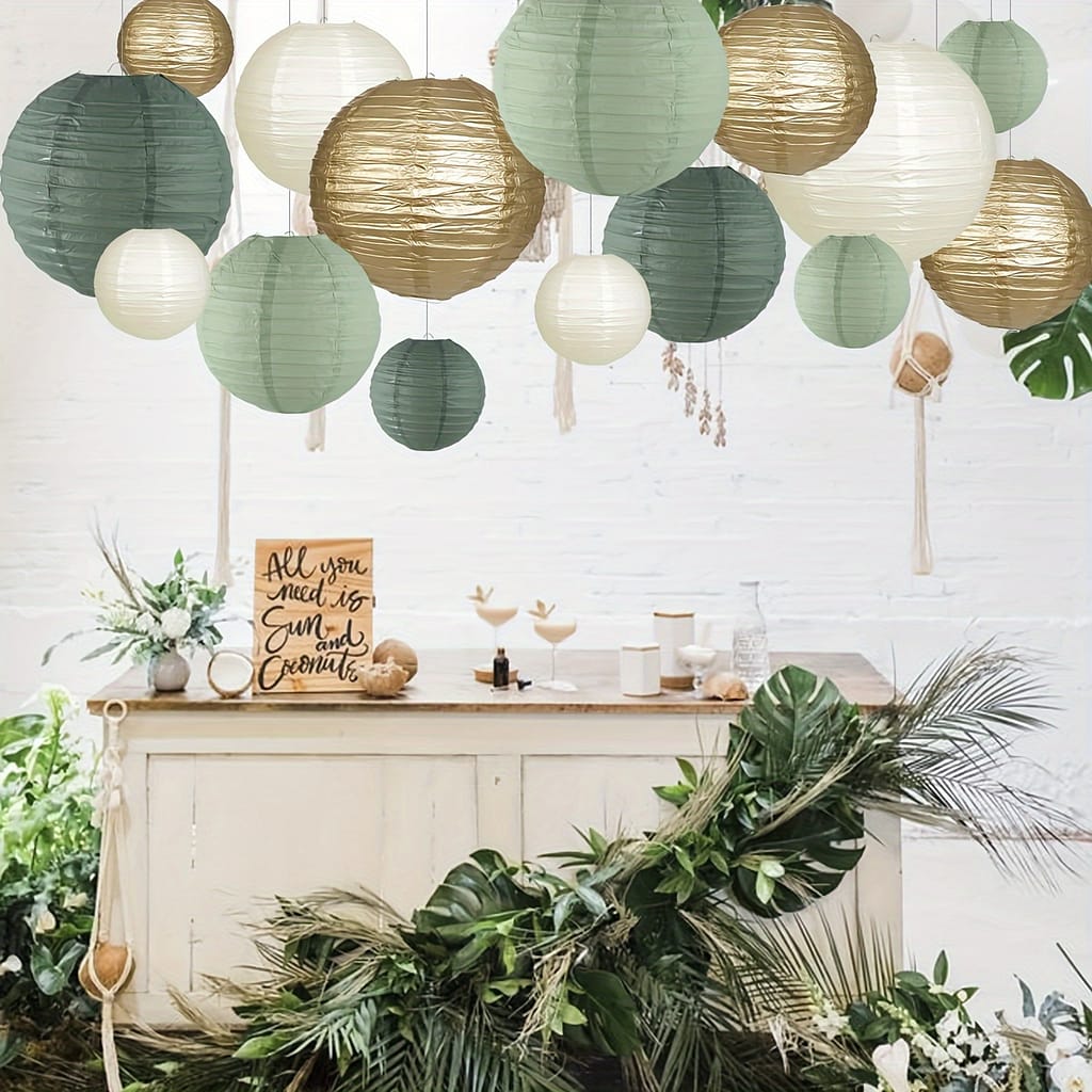 15pcs Elegant Paper Lanterns – Round Hanging Decorations For Rustic Parties, Bridal Showers & Weddings – Available In Sage Green, Ivory & Golden Arts, Crafts & Sewing Shop Online at Dubai Trades 2