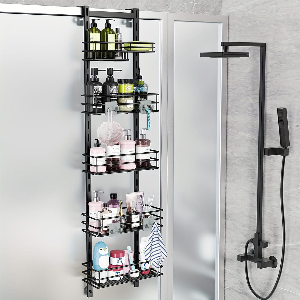 1pc Black Adjustable 5-tier Door Shower Tray, Bathroom Hanging Storage Rack, Rust-proof With 4 Hooks, Shower Basket With Soap Holder And Suction Cup Bath Shop Online at Dubai Trades 2