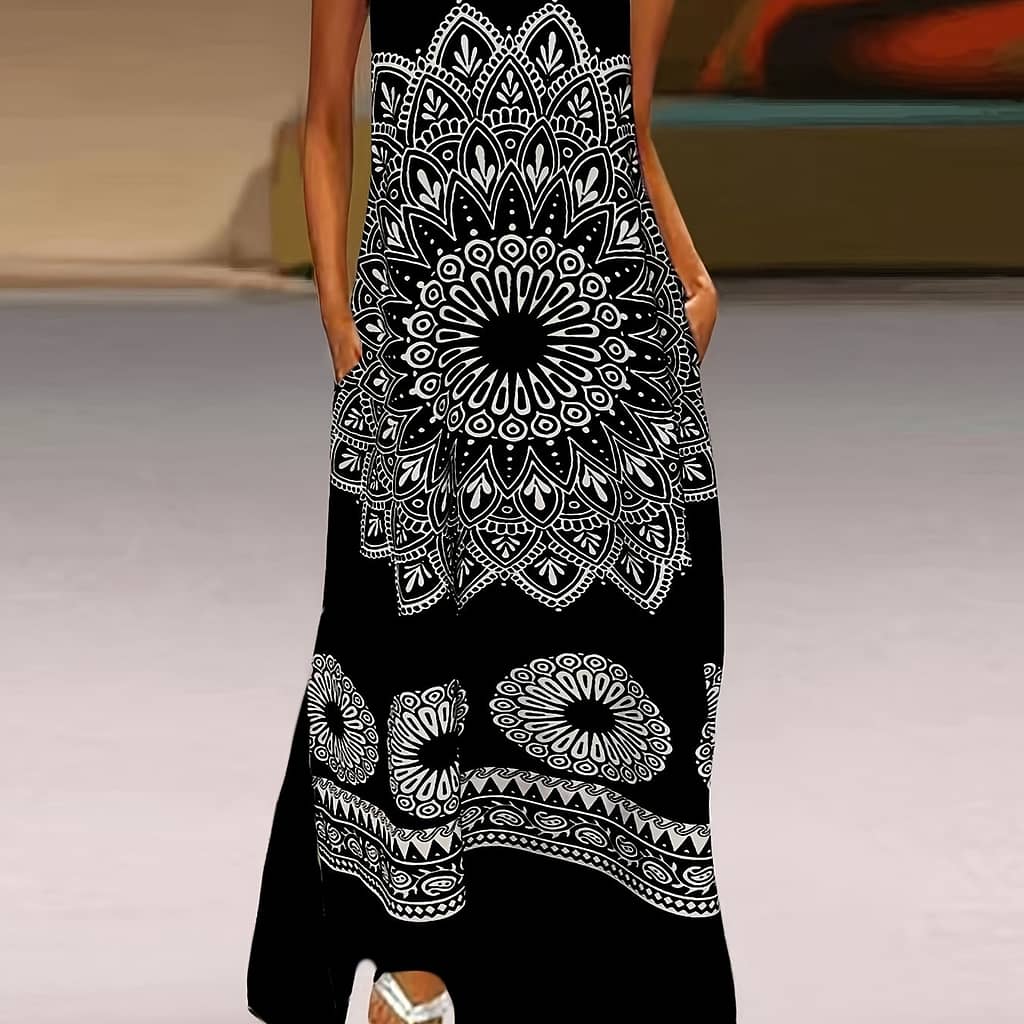 1pc Elegant Sleeveless V-neck Printed Maxi Dress With Pockets, Polyester A-line Dress For Women, Fashion, 220g Lightweight Fabric, 110g/m² Weave Clothing Shop Online at Dubai Trades 2