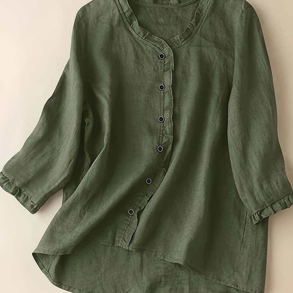 1pc Elegant Summer Polyester Shirting Top With Lettuce Trim, Crew Neck, Half Sleeve, Solid Color, Pullover Style, Woven, 95% Polyester 5% Elastane, For Weekend Casual Wear Blouses Shop Online at Dubai Trades 2