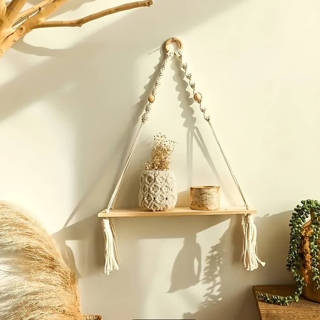 1pc Macrame Hanging Shelf Boho Handmade Bohemian Wooden Plants Floating Rope Shelves, Aesthetic Room Decor, Home Decor, Kitchen Accessories, Bathroom Decor, Bedroom Decor Floating Shelves Shop Online at Dubai Trades 2