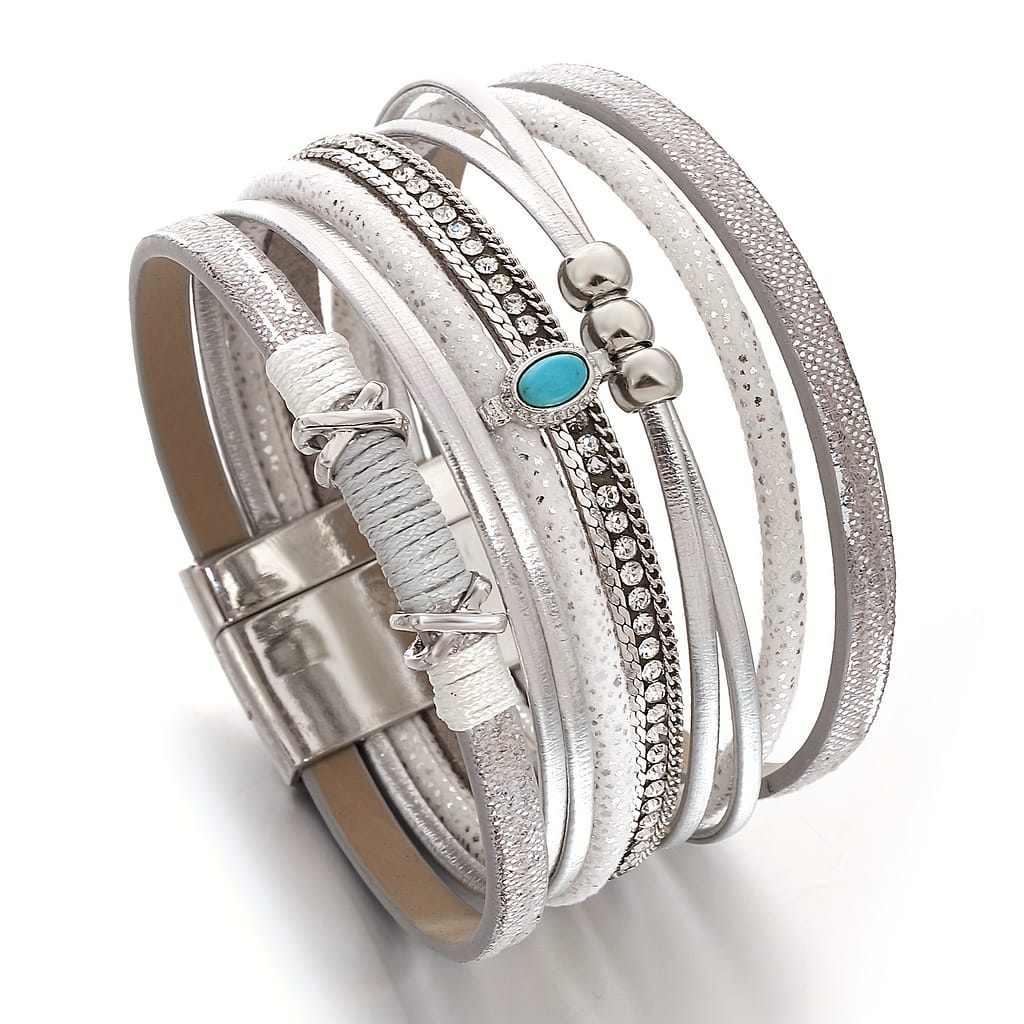 1pc Vintage Multilayer Artificial Leather Bracelets For Women Men, Blue Stones Rhinestone Chain Wrap Charm Bracelet Party Jewelry Bangle Shop Online at Dubai Trades 2