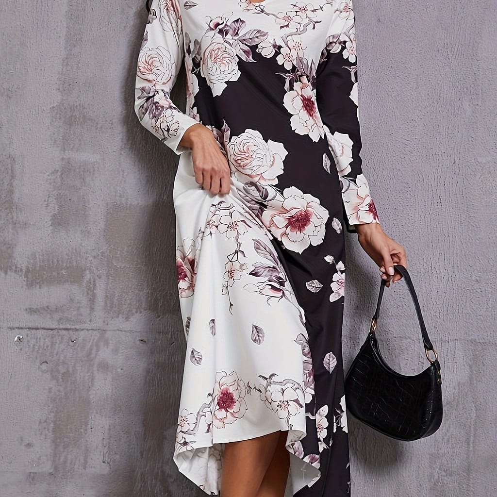 1pc Women’s Floral Print Long Sleeve Dress With Pockets, Polyester 100 Neck Fit And Flare Dress For Fall/winter – Woven No Padding Adult Dress Clothing Shop Online at Dubai Trades 2