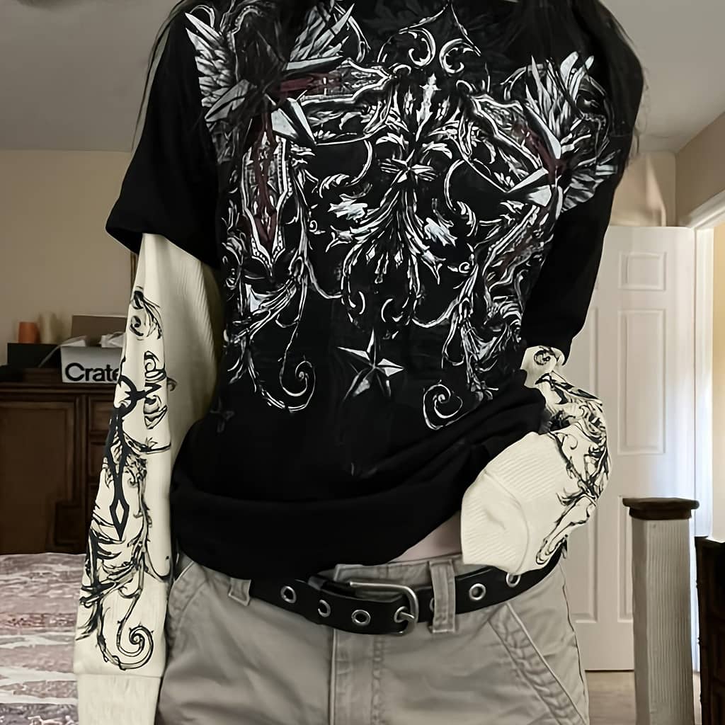 1pc Y2k Style Double Layered Sleeve Printed T-shirt For Women, Tropical Pattern, Contrast Detail, Knit Fabric, Regular Length, Round Neck For Clothing Shop Online at Dubai Trades 2