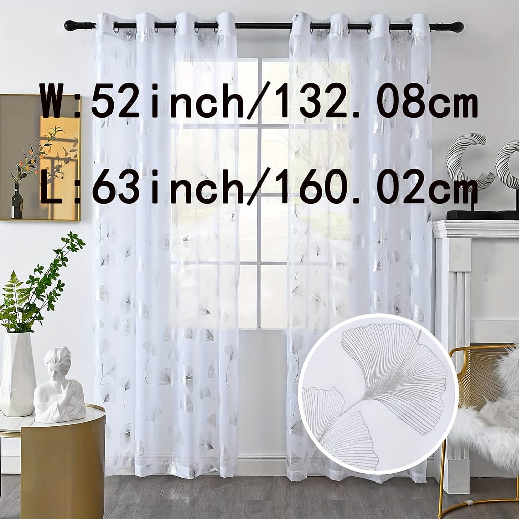 2 Panels Golden/silvery Foil Print Voile Sheer Curtains, Leaves Grommet Top Window Drapes, Luxury Metallic Bronzing Treatment Panels For Home Window Decoration Curtains & Drapes Shop Online at Dubai Trades 2