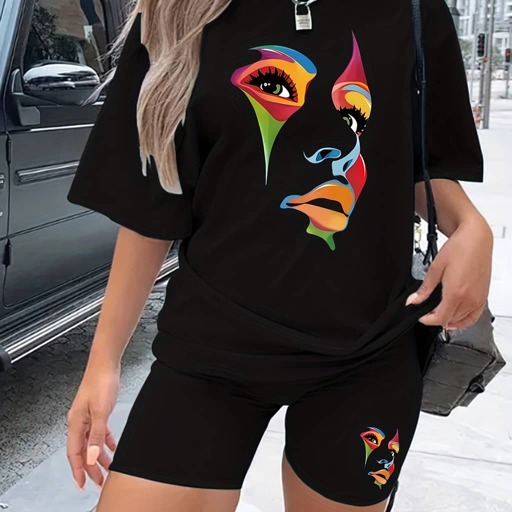2 Pieces Girl’s Face Print Sports Set, Short Sleeve T-shirts & Shorts, Women’s Summer Clothing Active Shop Online at Dubai Trades 2