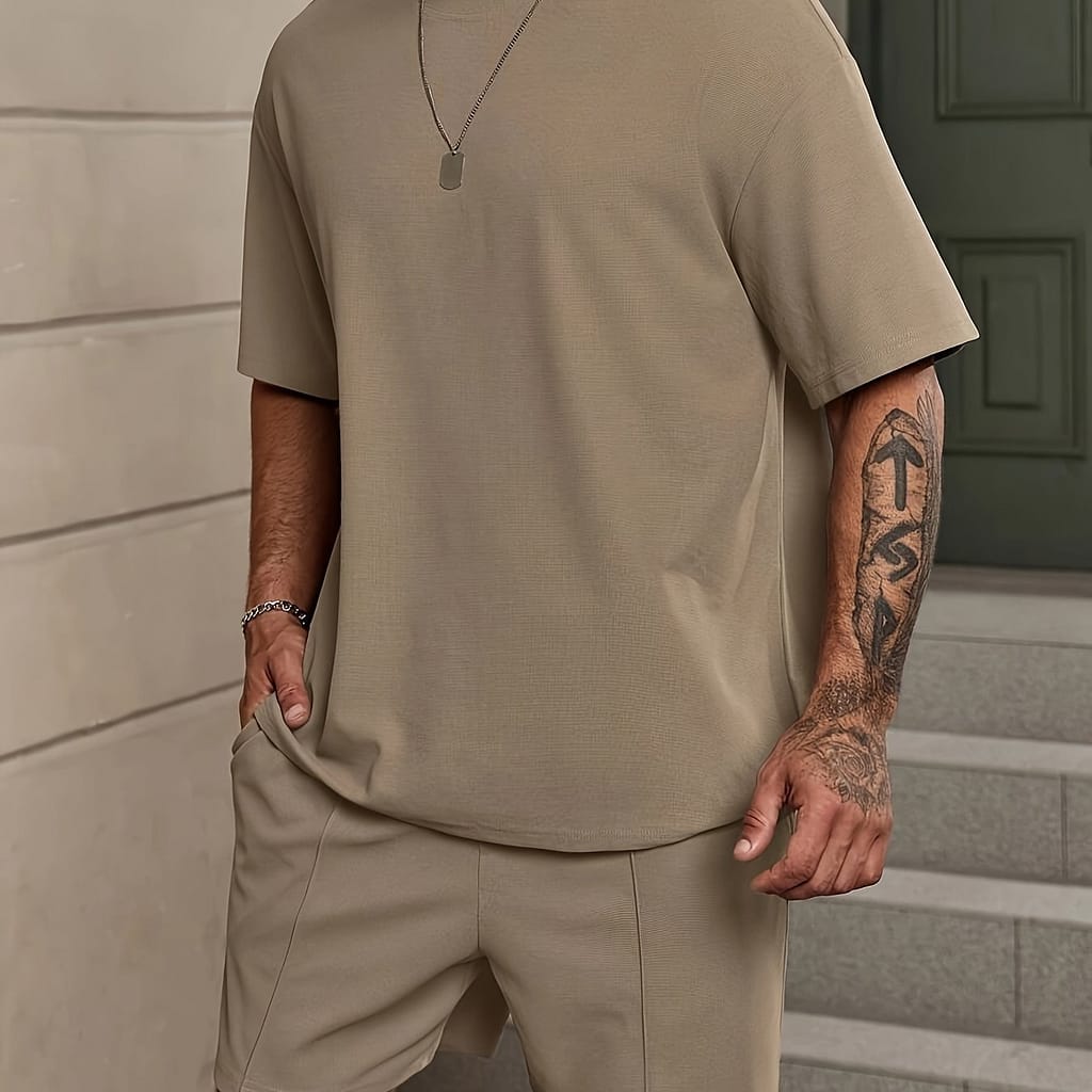 2-piece Men’ Color Summer Outfit Set, Men’s Short Sleeve Crew Neck T-shirt & Waist Shorts With Pockets Active Shop Online at Dubai Trades 2