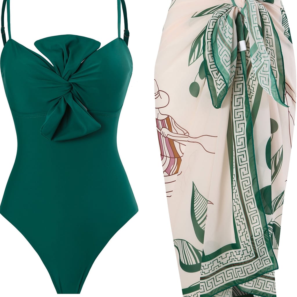 2023 New Trade Solid Color Bow Tie One-piece Women’s Swimsuit Set, European And American French Vintage Style, Tummy Control And Slimming Swimwear. Clothing Shop Online at Dubai Trades 2