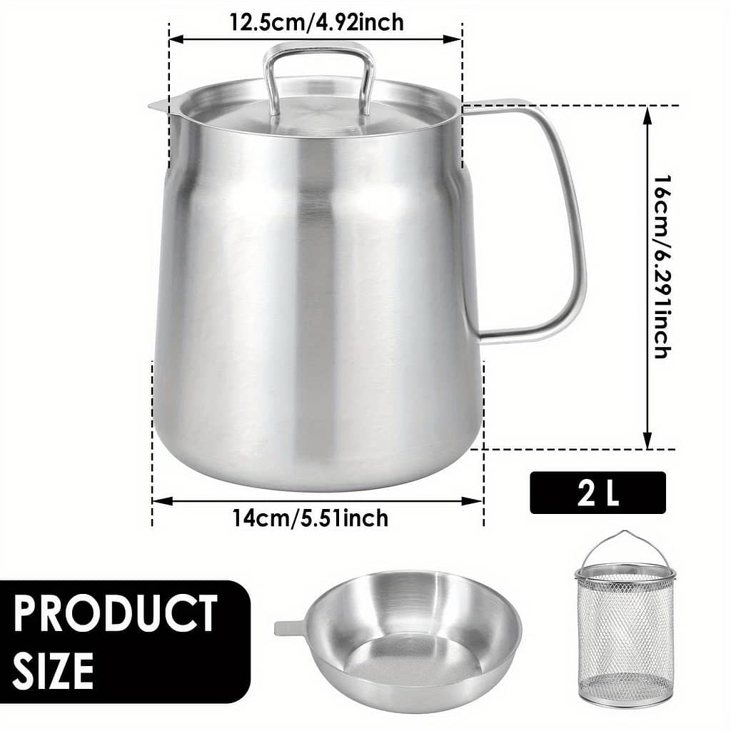 2l Stainless Steel Oil Filter Pot Mesh Strainer, Grease Storage Can, And Fry Basket – Ideal For Kitchen Use, Grease Container | Sleek Stainless Steel | Kitchenware Colanders & Food Strainers Shop Online at Dubai Trades 2