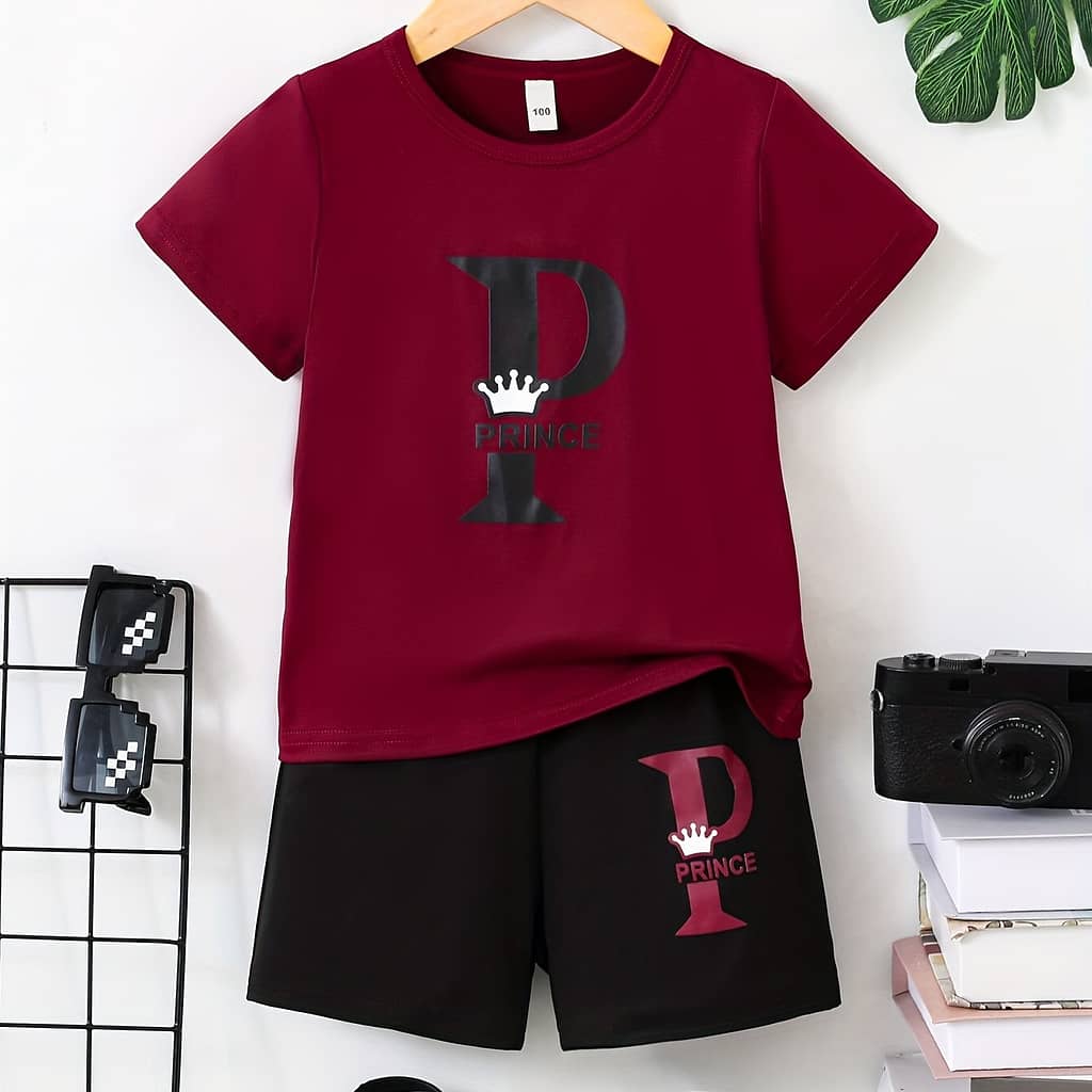 2pcs Boys Casual P Letter Print Comfortable Versatile Short Sleeve T-shirt & Shorts Set, Cool, Lightweight And Comfy Summer Clothes! Boys Shop Online at Dubai Trades 2
