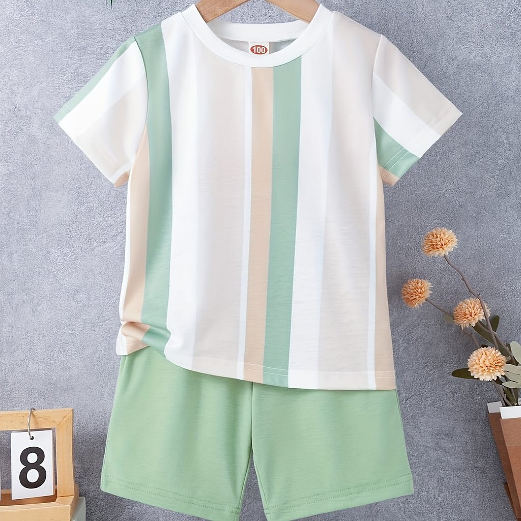 2pcs Boy’s Casual Striped Short Sleeve T-shirt & Solid Color Shorts Set, Comfy Summer Boys Clothes For Daily & Outdoor Wear Boys Shop Online at Dubai Trades 2