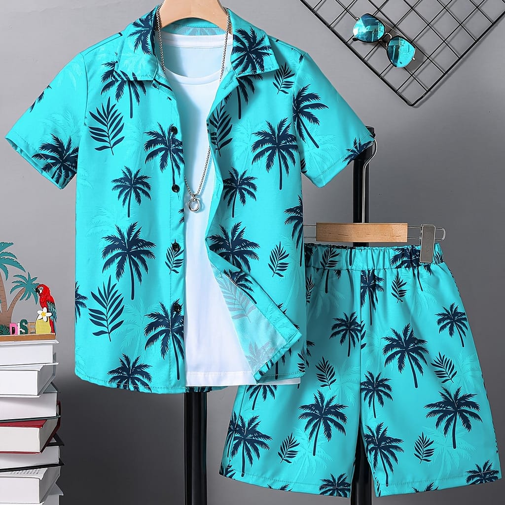 2pcs Boy’s Holiday Full Short Sleeve Lapel Shirt & Shorts Set, Comfy Summer Boys Clothing For Daily & Outdoor Wear Boys Shop Online at Dubai Trades 2