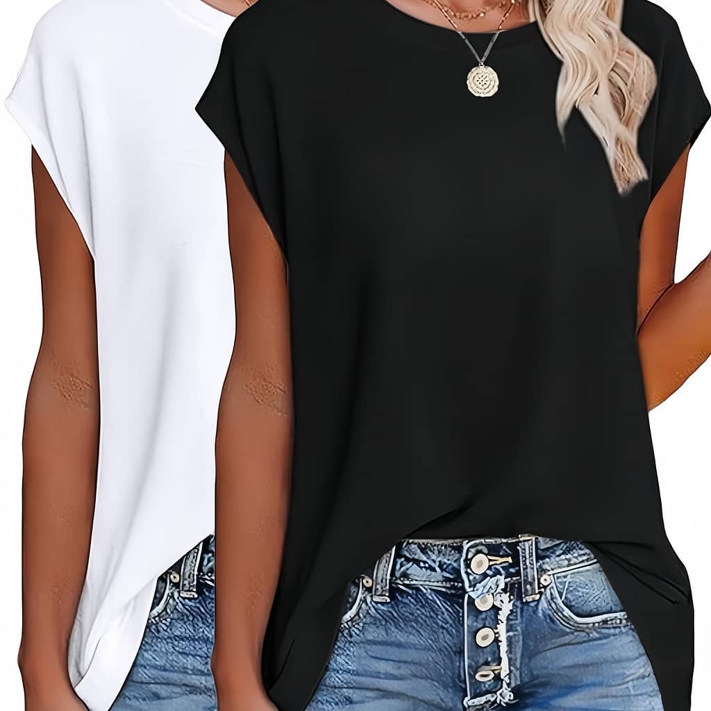 2pcs Crew Neck Solid Simple T-shirt, Casual Cap Sleeve Top For , Women’s Clothing Clothing Shop Online at Dubai Trades 2