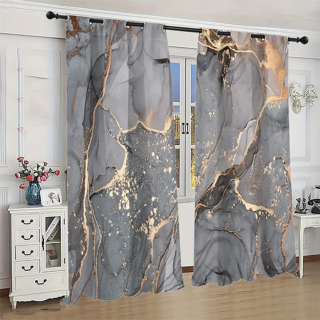 2pcs Elegant Nordic-inspired Marble Curtains With Accents, Semi-transparent Polyester, Machine Washable – Living Room Decor, Curtains For Living Room Curtains & Drapes Shop Online at Dubai Trades 2