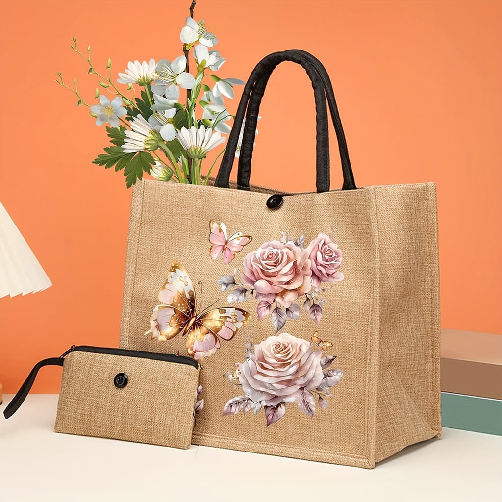 2pcs Flower Large Capacity Tote Bag, Bag Storage Bag Laundry Bag Travel Bag, Fashion Large Capacity Shopping Bag, Portable Burlap Gift Bag For Women Clothing, Shoes & Jewelry Shop Online at Dubai Trades 2