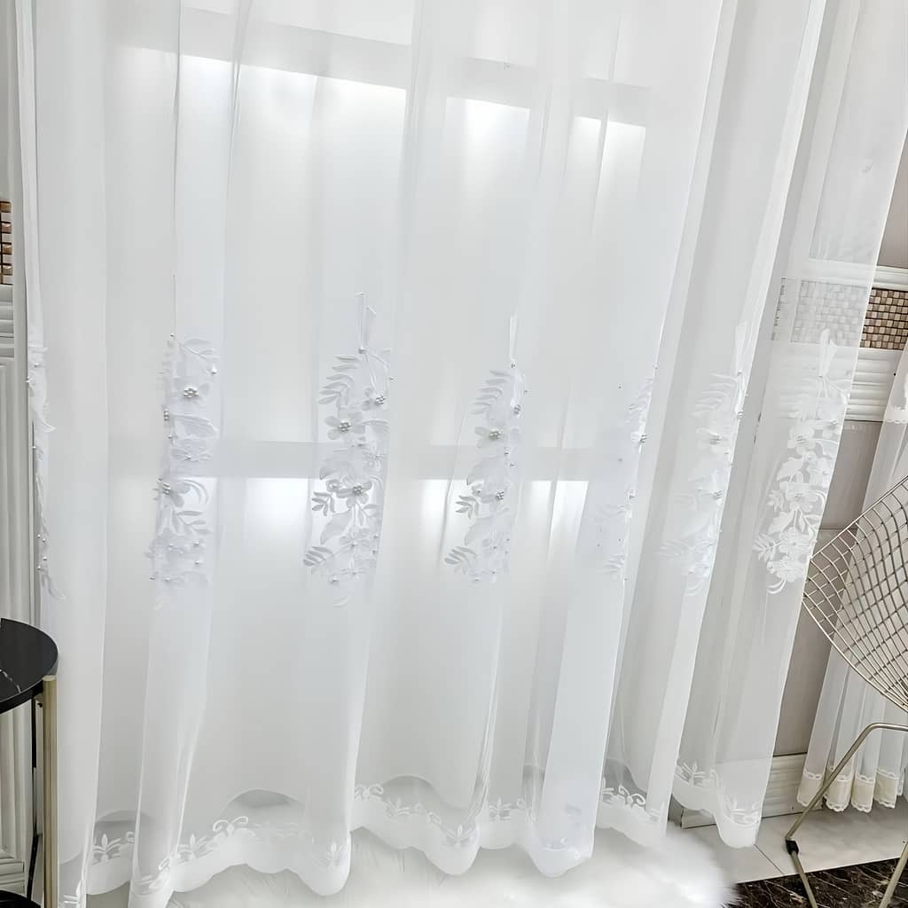2pcs French Embroidery White Yarn Aesthetic Flowers Pearl Beads Embroidery Window Yarn Curtain For Bedroom Living Room Office Home Decor Curtains & Drapes Shop Online at Dubai Trades 2