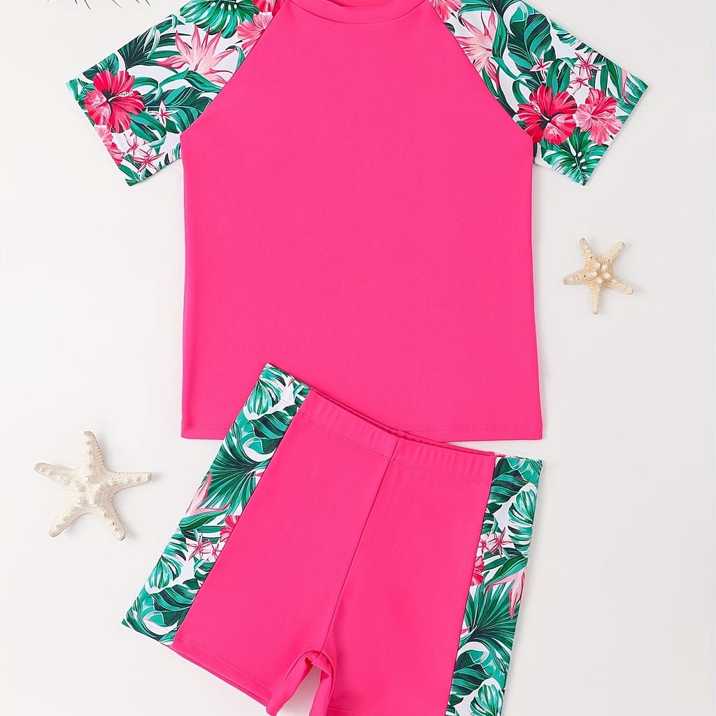 2pcs Girls Splicing Swimsuit Set, Short Sleeve Top + Shorts Set Swimwear For Summer Beach Surfing Gift Clothing Shop Online at Dubai Trades 2