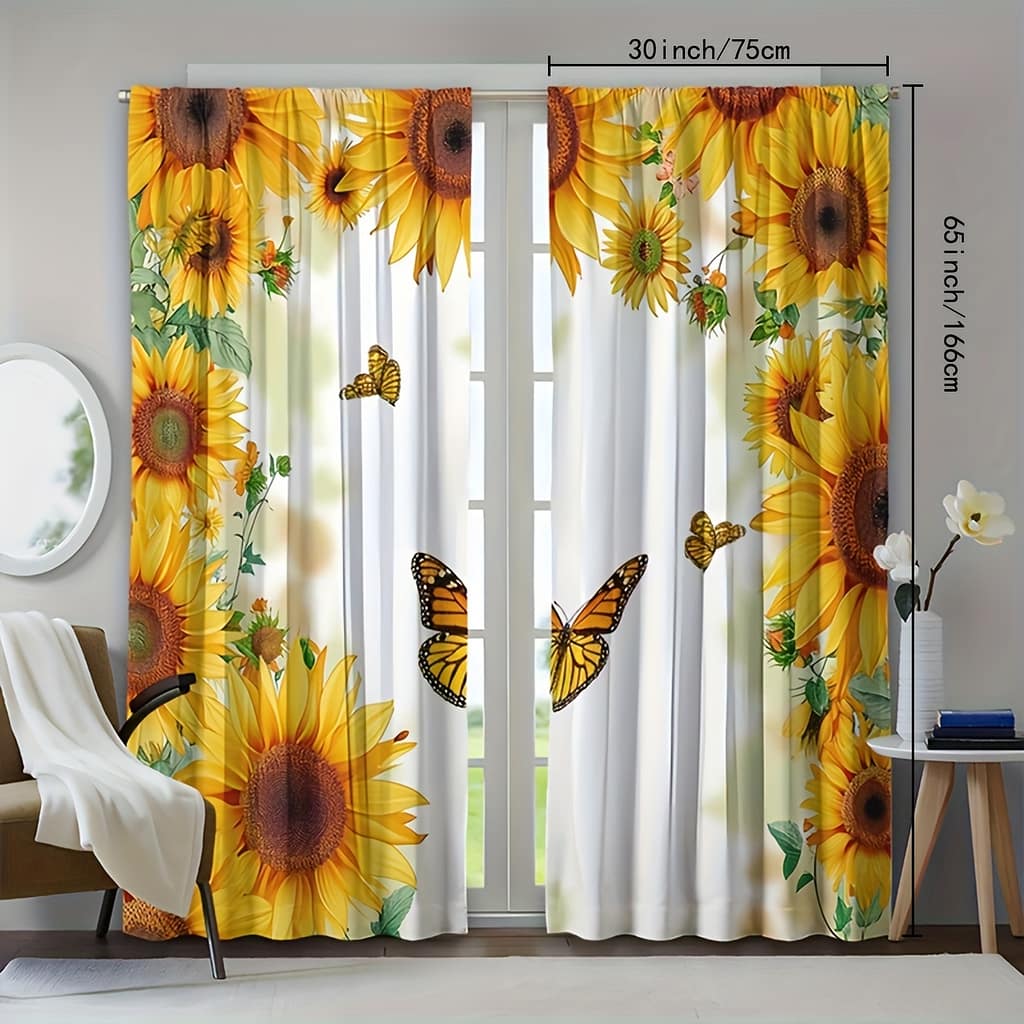 2pcs Sunflower Print Curtains, Polyester Light Filtering Curtains, Rod Pocket Suitable For Living Room Bedroom Home Decoration Curtains & Drapes Shop Online at Dubai Trades 2