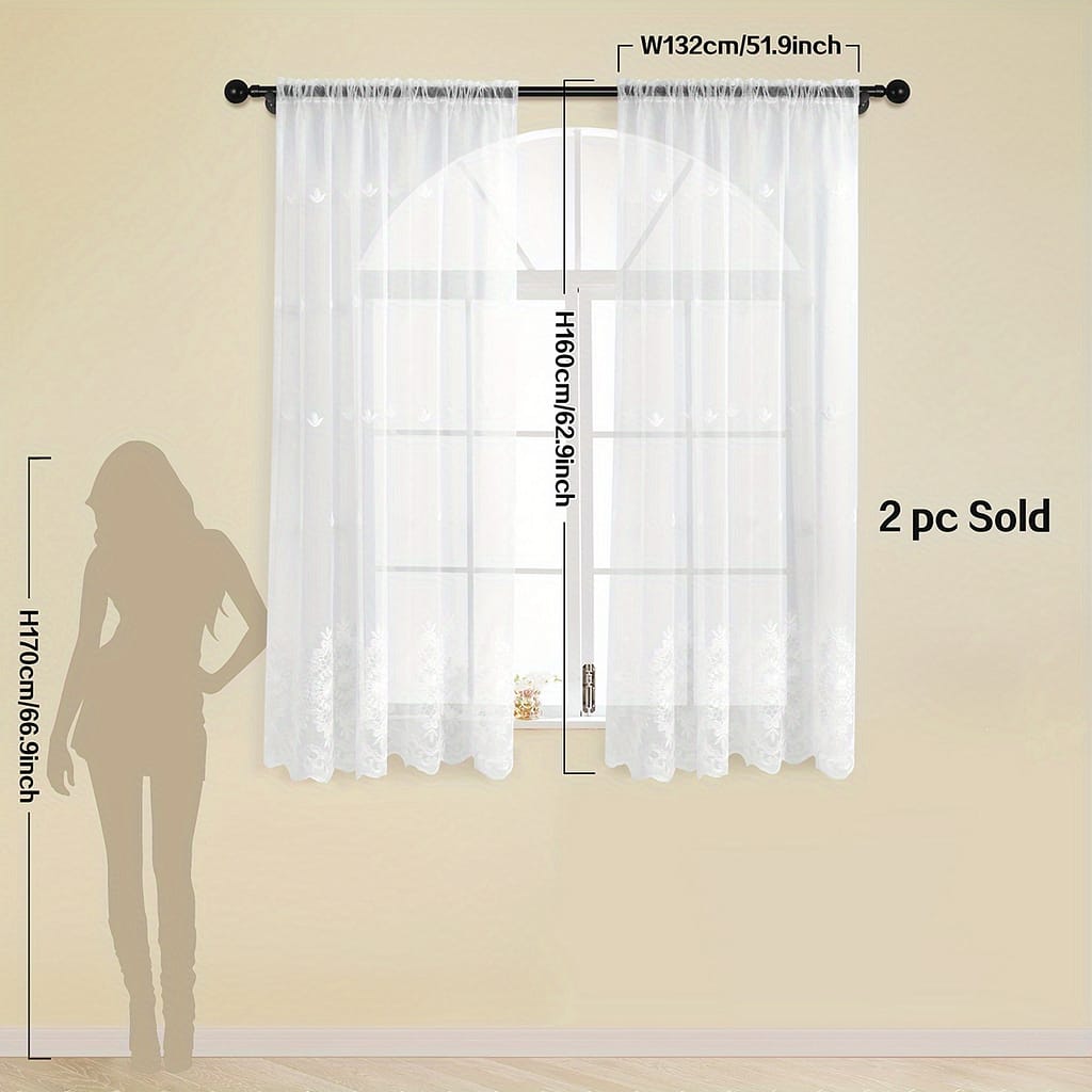 2pcs, White Flower Embroidery Yarn Curtains, French Embroidered Yarn Curtains For Floating Window, Balcony, Living Room Bedroom Window And Door Decor Home Decor Curtains & Drapes Shop Online at Dubai Trades 2